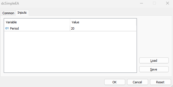 dcSimpleEA penceresi