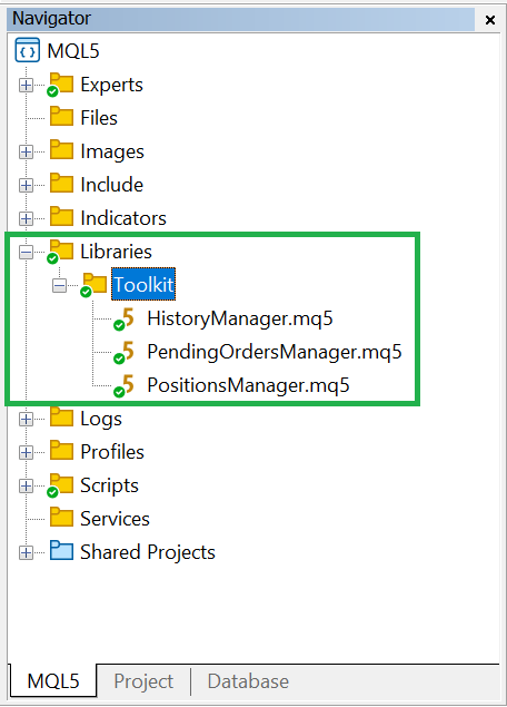 Diretório da Biblioteca Toolkit no MetaEditor Navigator
