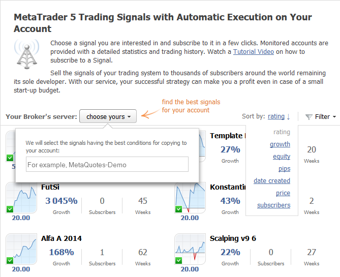 Fig.2. Selecting a broker and sorting trading signals