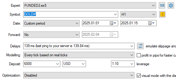 Settings for back testing Settings for back testing