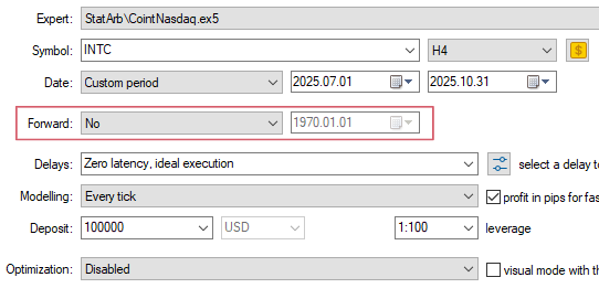 Fig. 3 - Metatrader 5 Tester settings with the forward option highlithed