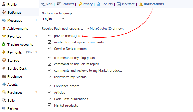 Setting up notifications about about events on MQL5.community