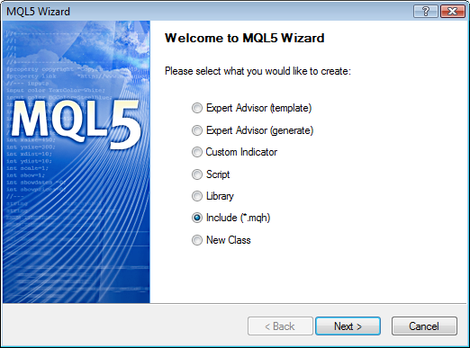 Figura 2. Creare un file include utilizzando il Wizard MQL5.