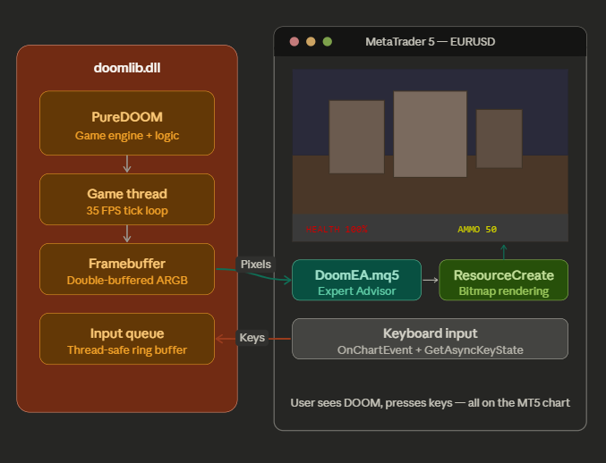 Architecture diagram showing DLL and EA interaction Architecture diagram: doomlib.dll runs the game engine on a background thread, DoomEA.mq5 renders frames and sends input