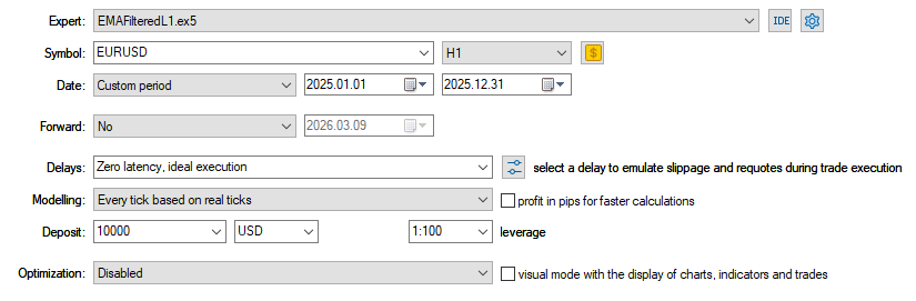 Fig.54. Tester settings for the Expert Advisor EMAFilteredL1.mq5 Fig.54. Tester settings for the Expert Advisor EMAFilteredL1.mq5