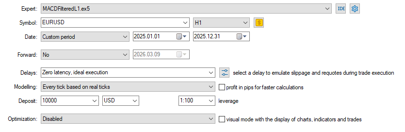 Fig.38. Strategy Tester settings of the Expert Advisor MACDFilteredL1.mq5 Fig.38. Strategy Tester settings of the Expert Advisor MACDFilteredL1.mq5