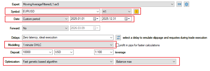 Fig.21. Optimization settings of the Expert Advisor MovingAverageFilteredL1.mq5 Fig.21. Optimization settings of the Expert Advisor MovingAverageFilteredL1.mq5