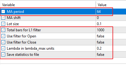 Fig.25. Best optimization parameters of the Expert Advisor MovingAverageFilteredL1.mq5 Fig.25. Best optimization parameters of the Expert Advisor MovingAverageFilteredL1.mq5