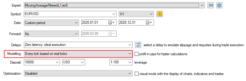 Fig.24. Testing settings for the Expert Advisor MovingAverageFilteredL1.mq5 Fig.24. Testing settings for the Expert Advisor MovingAverageFilteredL1.mq5