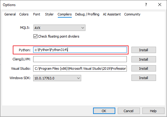 Fig.34. Python settings in MetaEditor Fig.34. Python settings in MetaEditor