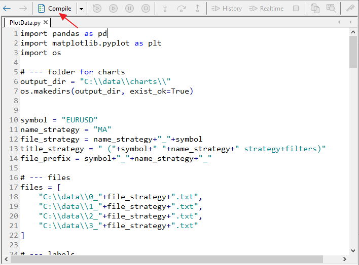 Fig.29. PlotData.py script in MetaEditor Fig.29. PlotData.py script in MetaEditor
