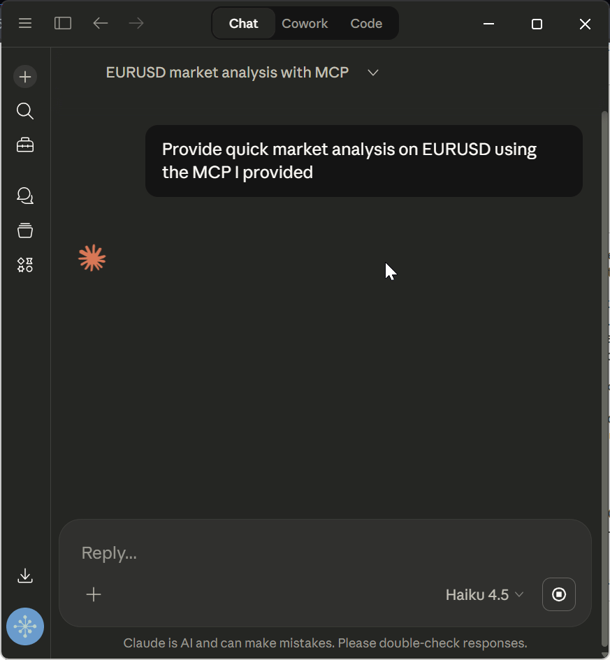 Claude Desktop conversation where user asks about EURUSD and Claude calls get_symbol_info and get_rates tools to provide live market analysis