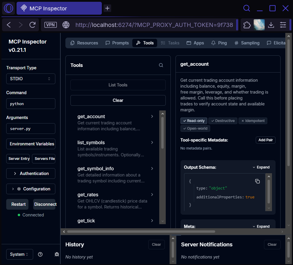 MCP Inspector browser interface showing all 14 MT5 MCP tools listed
