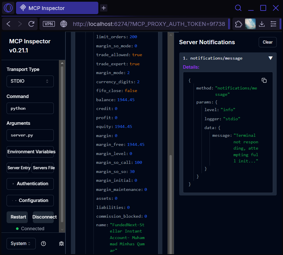 MCP Inspector showing get_account result with login, balance, equity, margin_free, leverage, and trade_allowed fields