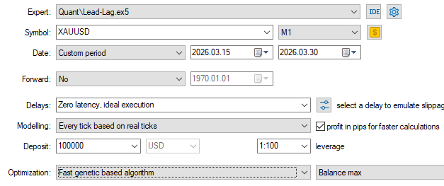 MetaTester settings for lead/lag backtest of XAUUSD (gold spot) and GDX.US ETF MetaTester settings for lead/lag backtest of XAUUSD (gold spot) and GDX.US ETF