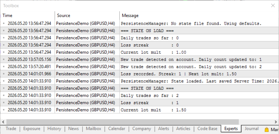 Fig. 1: Experts log for PersistenceDemo (GBPUSD,H4) showing state recovery across two initializations. Fig. 1: Experts log for PersistenceDemo (GBPUSD,H4) showing state recovery across two initializations.