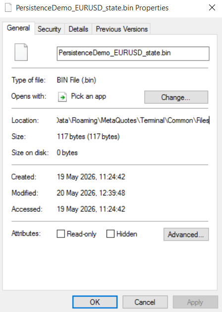Fig. 2: The state file PersistenceDemo_EURUSD_state.bin located within the MetaQuotes sandbox common files folder Fig. 2: The state file PersistenceDemo_EURUSD_state.bin located within the MetaQuotes sandbox common files folder