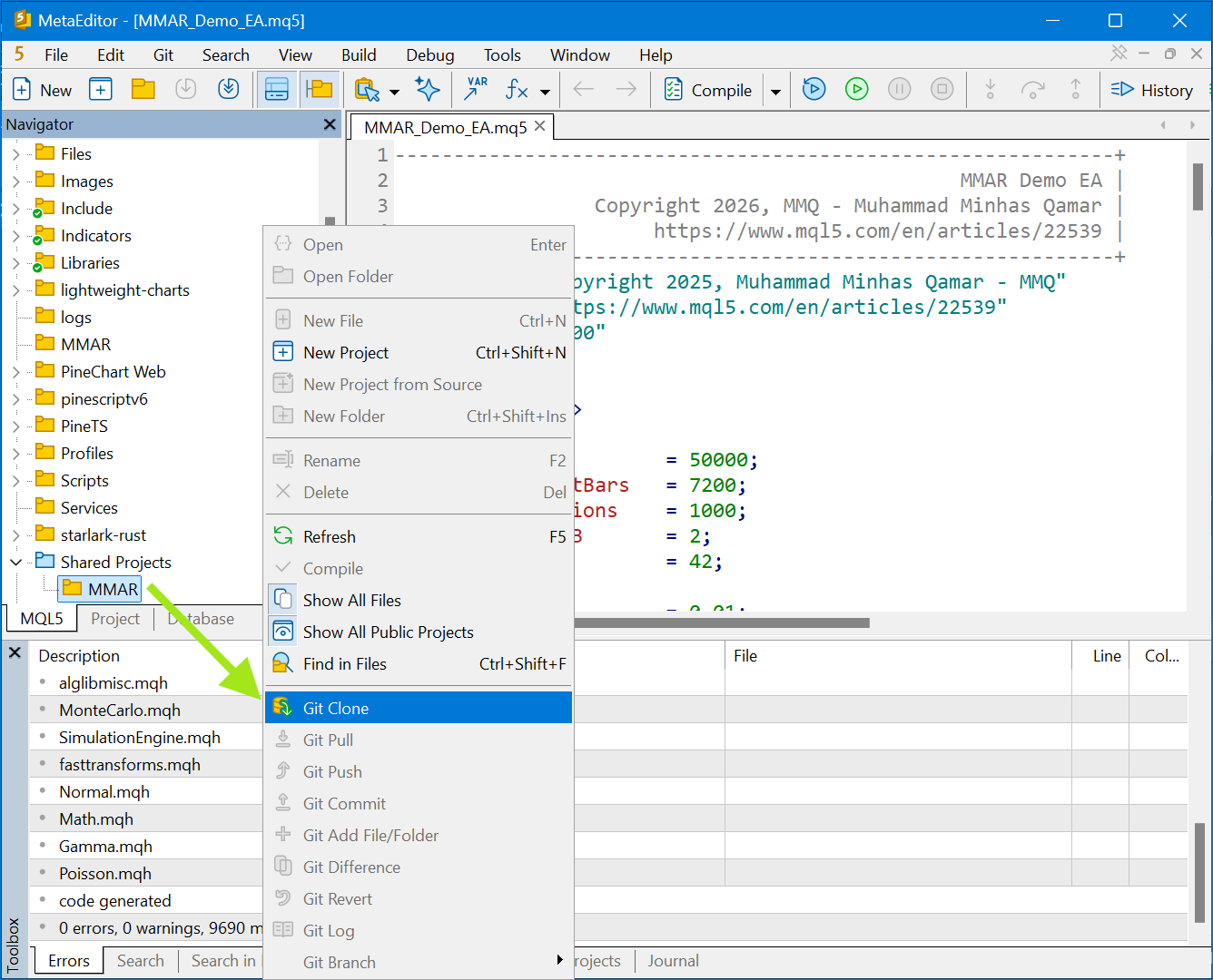 Cloning the fork inside MetaEditor Cloning the fork inside MetaEditor