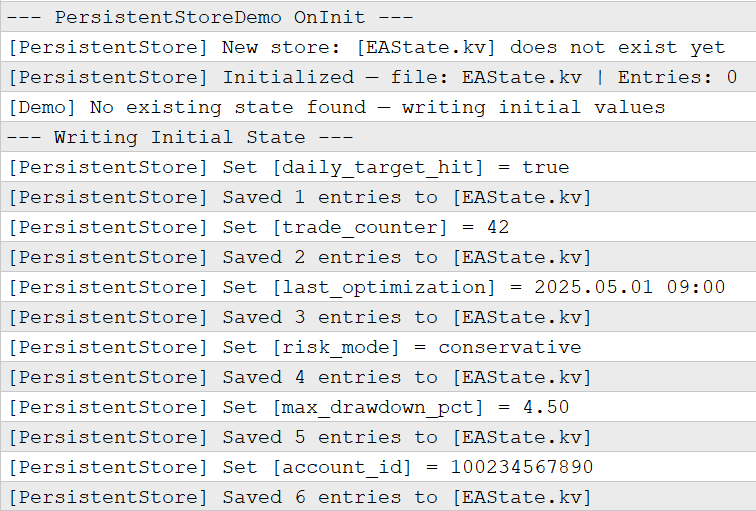 Terminal Experts log demonstrating Set(), Get(), and successful value recovery after simulated EA restart