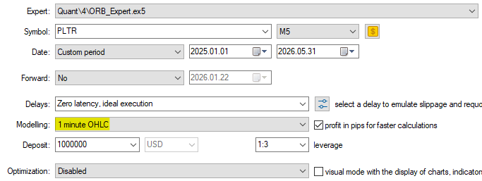 Fig. 5 - Screenshot showing the backtest settings for a single test on PLTR