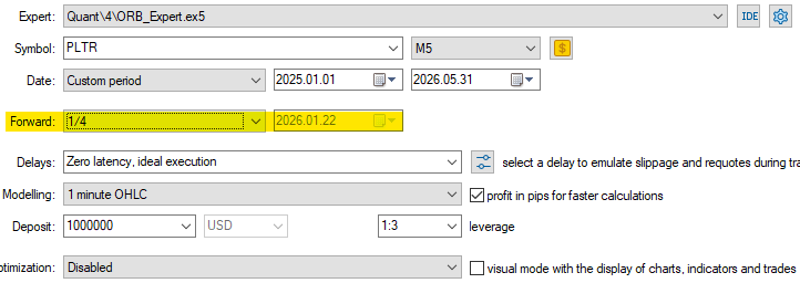 Fig. 12 - Screenshot showing the backtest with a forward sample for the PLTR single test