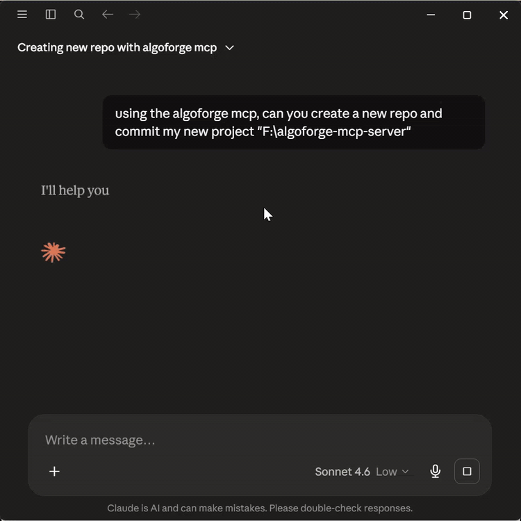 Claude Desktop publishing the project to Algo Forge via the MCP tools Claude Desktop publishing the project to Algo Forge via the MCP tools