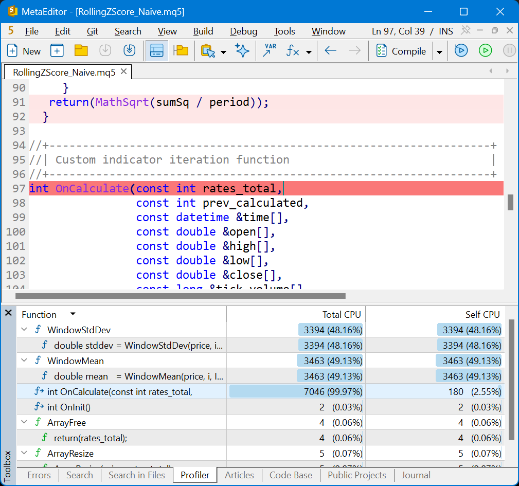 Caller view showing OnCalculate Total near 100 percent but Self near 2.5 percent Caller view showing OnCalculate Total near 100 percent but Self near 2.5 percent