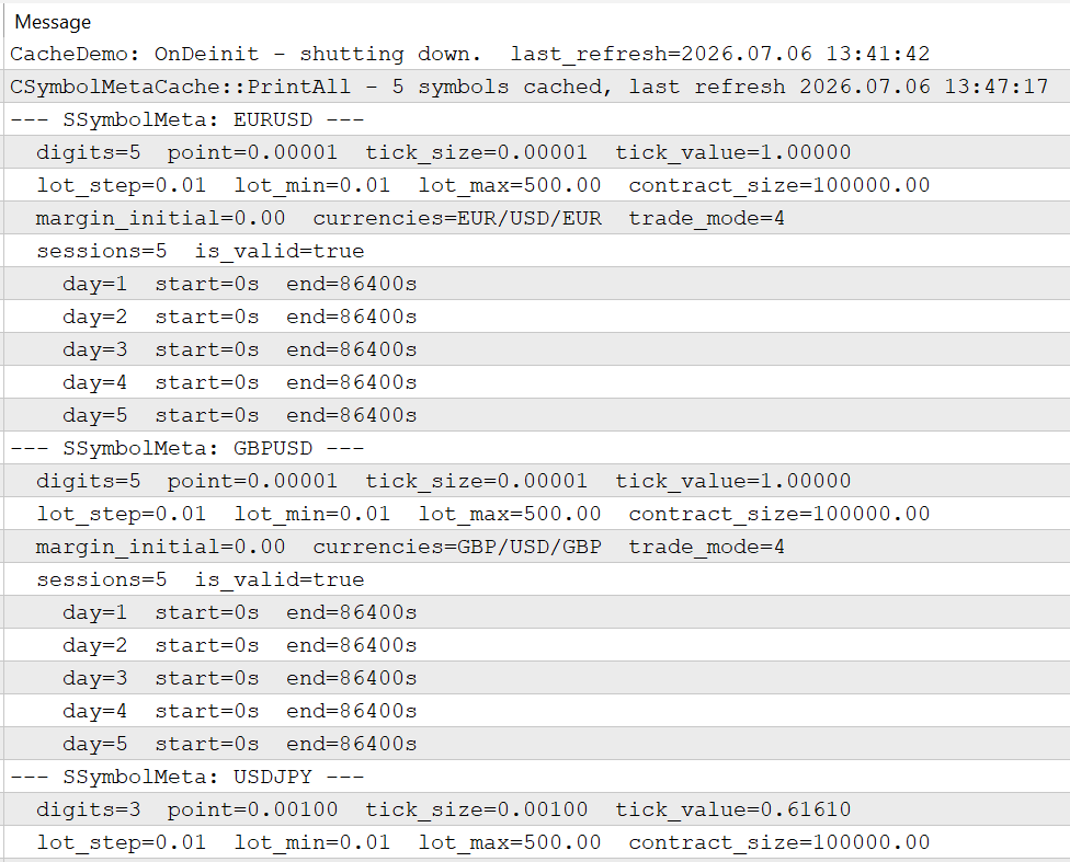 CacheDemo.mq5 Experts tab output on startup. CacheDemo.mq5 Experts tab output on startup.