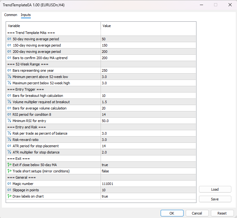 Demonstration input parameters