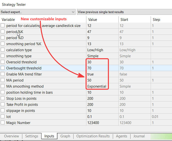 Customizable settings in the Strategy Tester