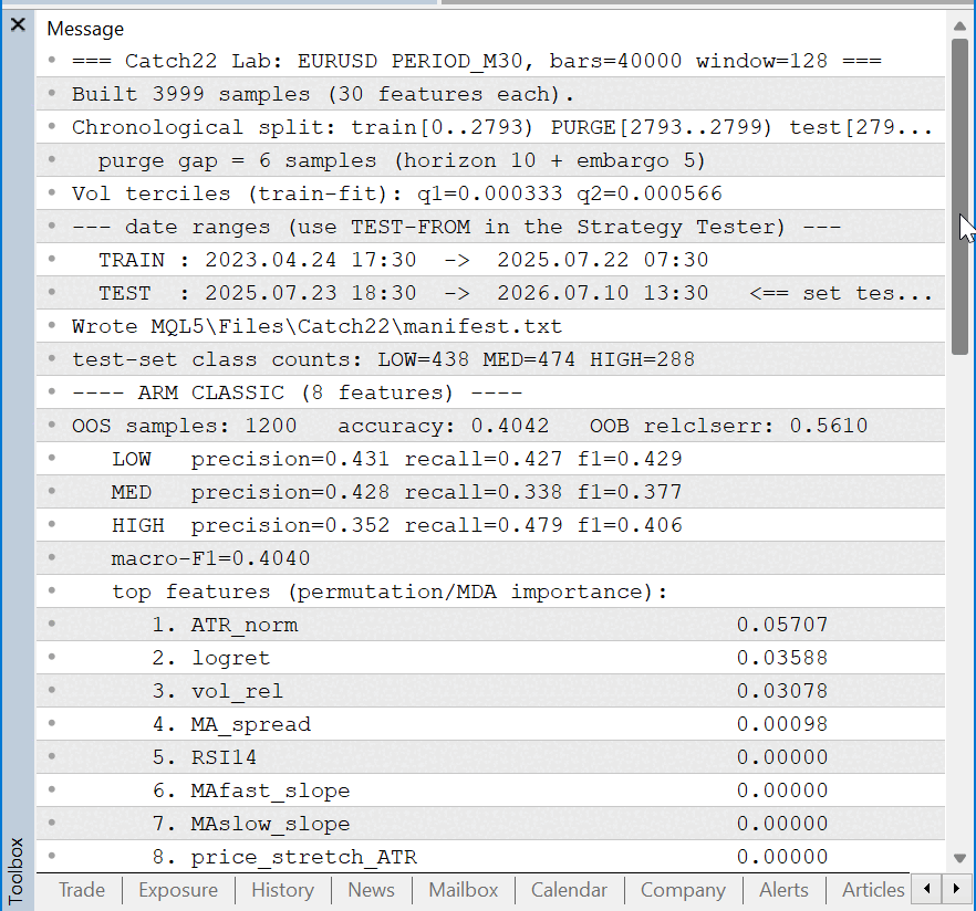 Catch22 Lab three-arm accuracy and feature-importance output in the Experts log Catch22 Lab three-arm accuracy and feature-importance output in the Experts log