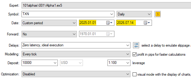 Fig. 10 - Backtest settings for TXN, from January 1, 2025, through the current day on the daily timeframe. Fig. 10 - Backtest settings for TXN, from January 1, 2025, through the current day on the daily timeframe.