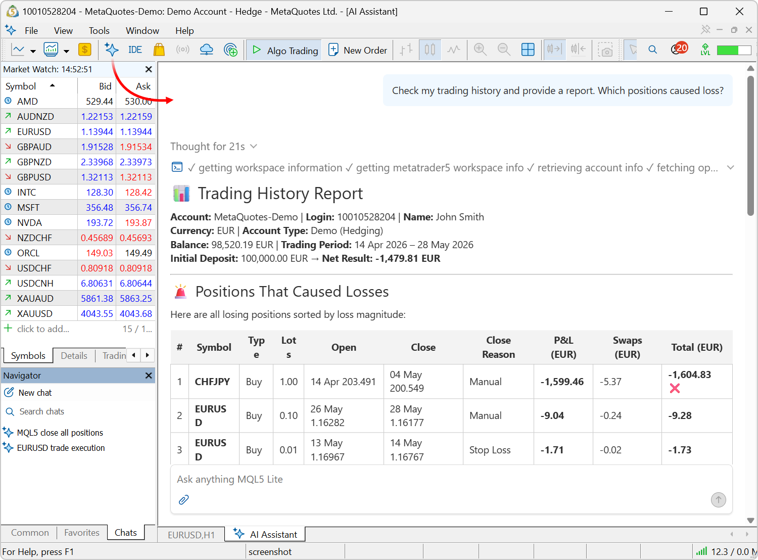 AI Assistant analyzes trading history in MetaTrader 5 AI Assistant analyzes trading history in MetaTrader 5