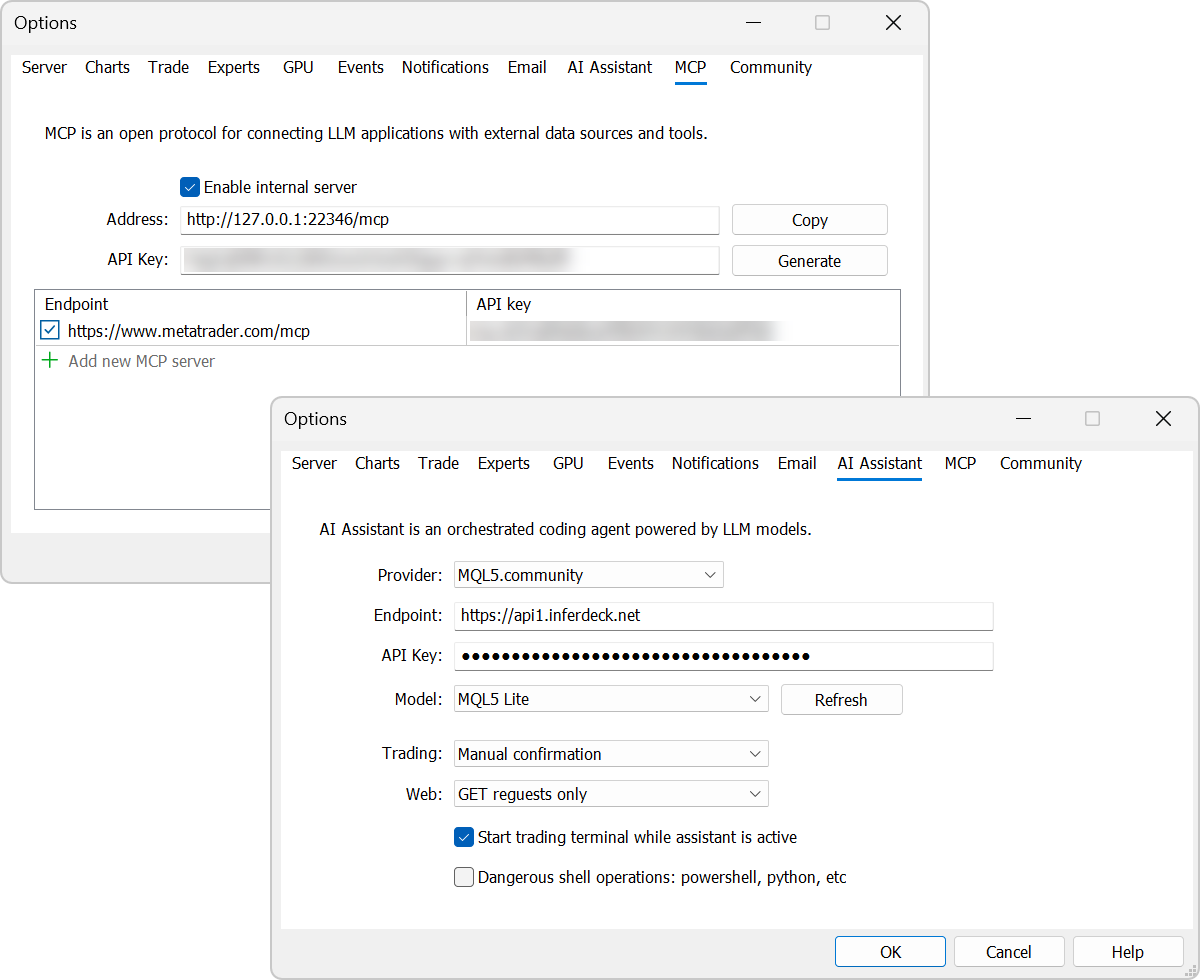 AI Assistant and MCP Settings in MetaTrader 5 AI Assistant and MCP Settings in MetaTrader 5