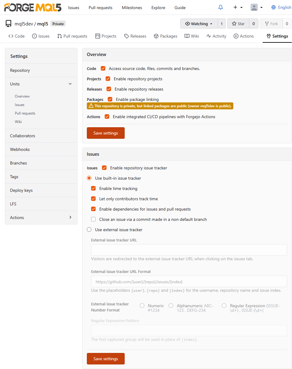 Repository Units settings tab, showing the Overview switches and the issue tracker options Repository Units settings tab, showing the Overview switches and the issue tracker options