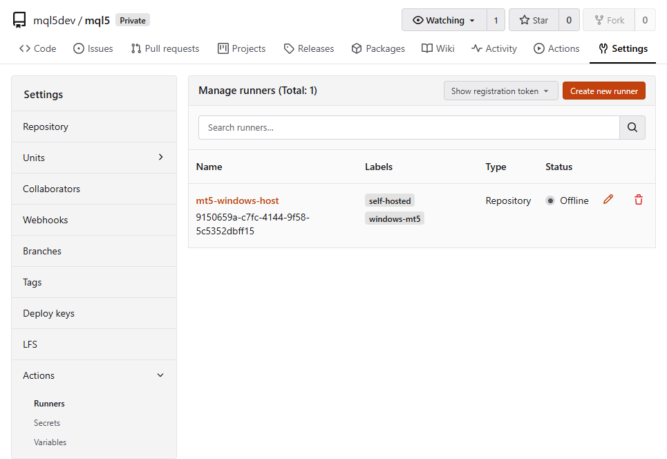 Repository runners page listing a registered self-hosted runner with its labels Repository runners page listing a registered self-hosted runner with its labels