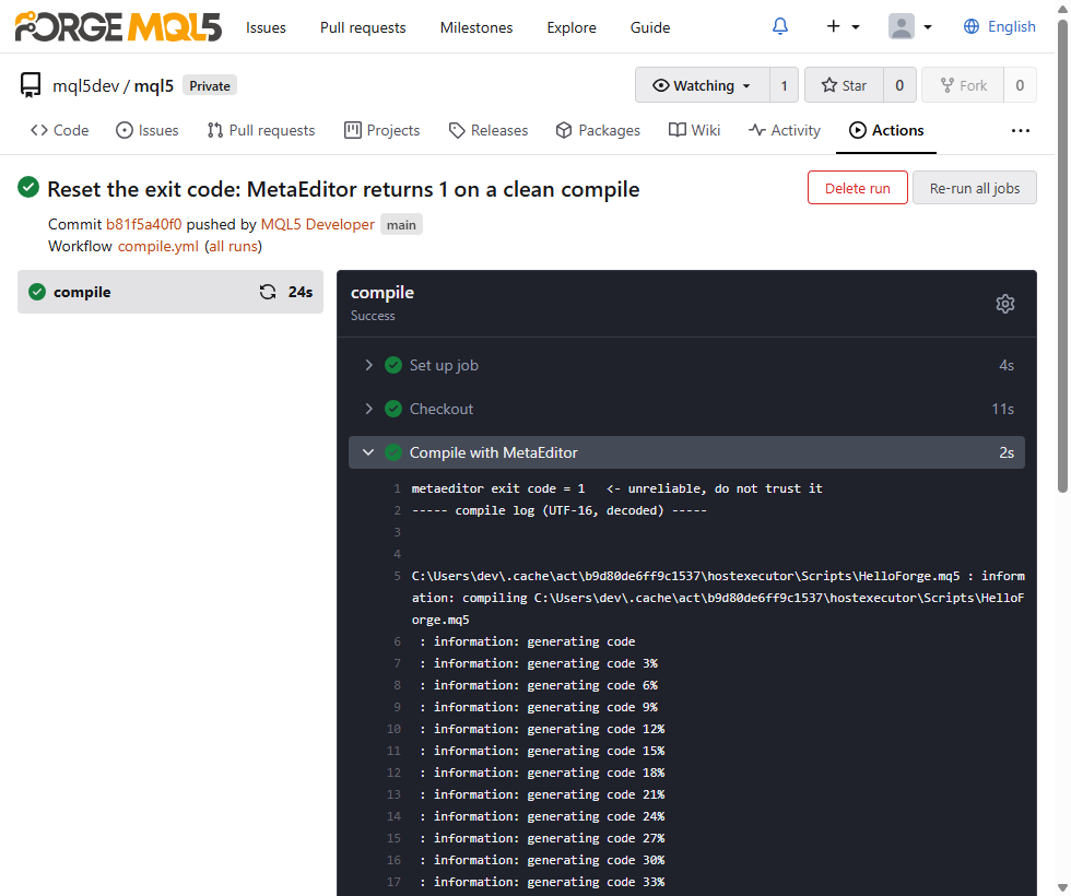 Job log showing MetaEditor returning exit code 1 after a clean compile Job log showing MetaEditor returning exit code 1 after a clean compile
