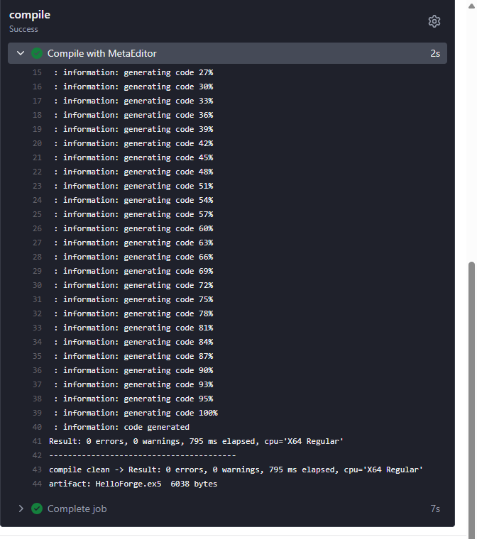 Compile result and generated ex5 artifact in the job log Compile result and generated ex5 artifact in the job log