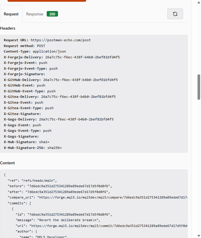 Webhook delivery record showing request headers and a 200 response Webhook delivery record showing request headers and a 200 response