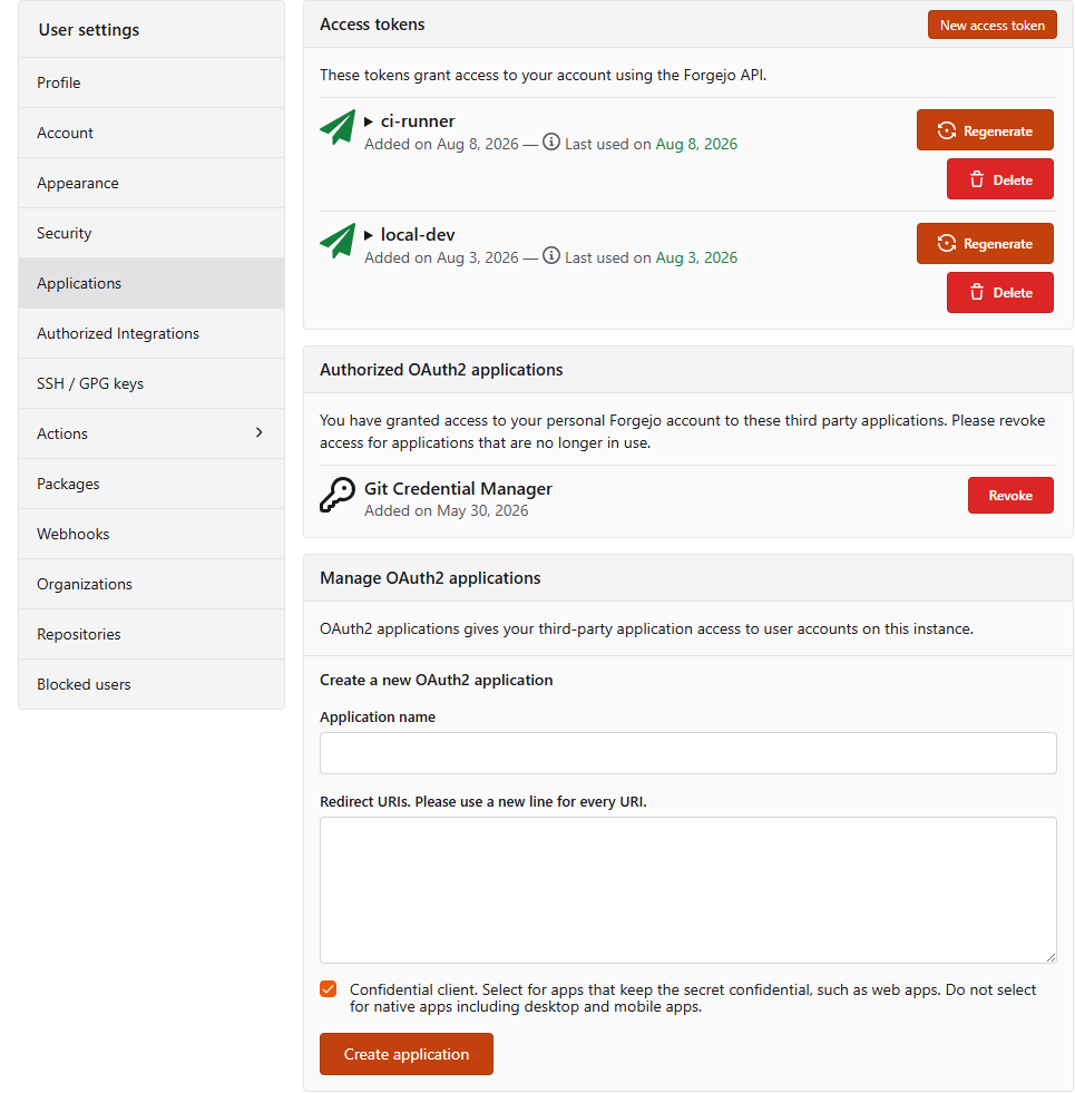 Access token and OAuth2 application management page Access token and OAuth2 application management page