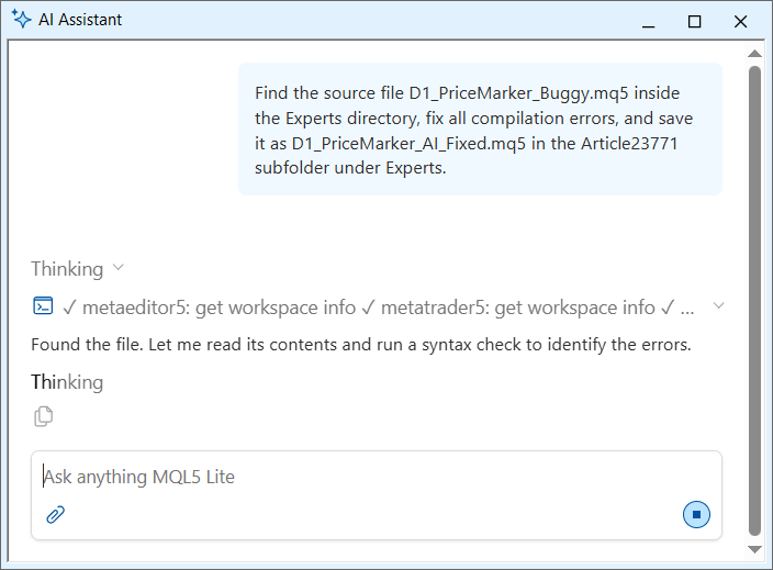 Fig. 4. AI Assistant locating the buggy source and beginning its syntax analysis Fig. 4. AI Assistant locating the buggy source and beginning its syntax analysis