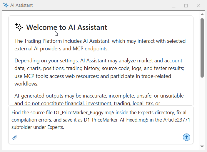 Fig. 3. Debugging instruction entered in the integrated MetaEditor AI Assistant Fig. 3. Debugging instruction entered in the integrated MetaEditor AI Assistant