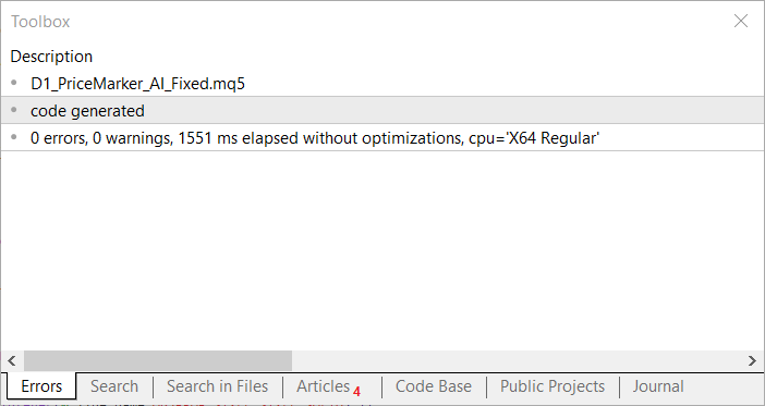 Fig. 5. MetaEditor reports zero errors and zero warnings for D1_PriceMarker_AI_Fixed.mq5 Fig. 5. MetaEditor reports zero errors and zero warnings for D1_PriceMarker_AI_Fixed.mq5