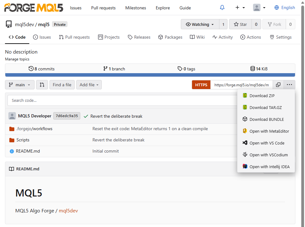 Algo Forge clone panel with the Open with MetaEditor entry expanded Algo Forge clone panel with the Open with MetaEditor entry expanded
