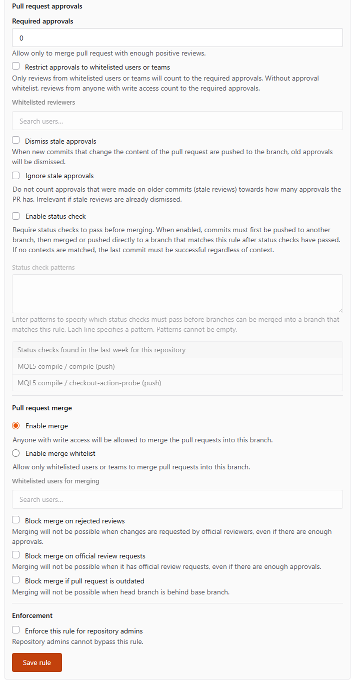 Branch protection rule builder continued, showing approvals, status check contexts and merge blocking Branch protection rule builder continued, showing approvals, status check contexts and merge blocking