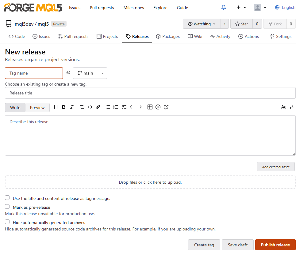 The new release form with draft, pre-release and external asset options The new release form with draft, pre-release and external asset options