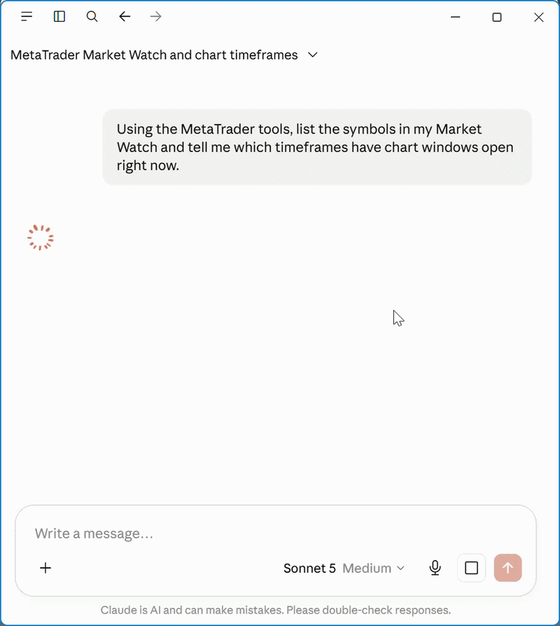 An external AI client connected to MetaTrader 5 over MCP An external AI client connected to MetaTrader 5 over MCP