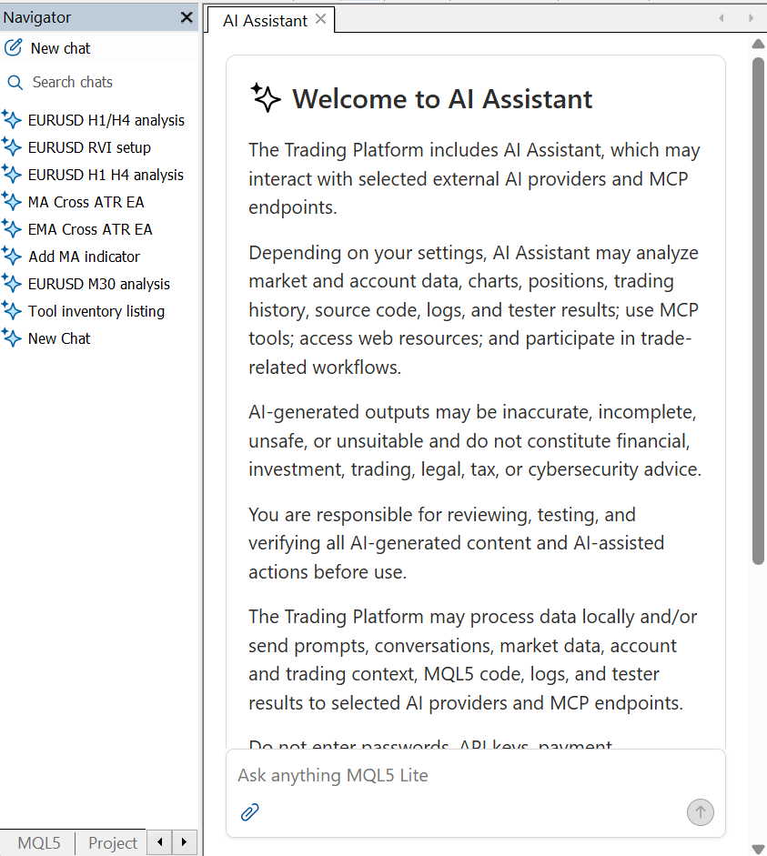 The AI Assistant pane open in MetaEditor with the Chats navigator The AI Assistant pane open in MetaEditor with the Chats navigator