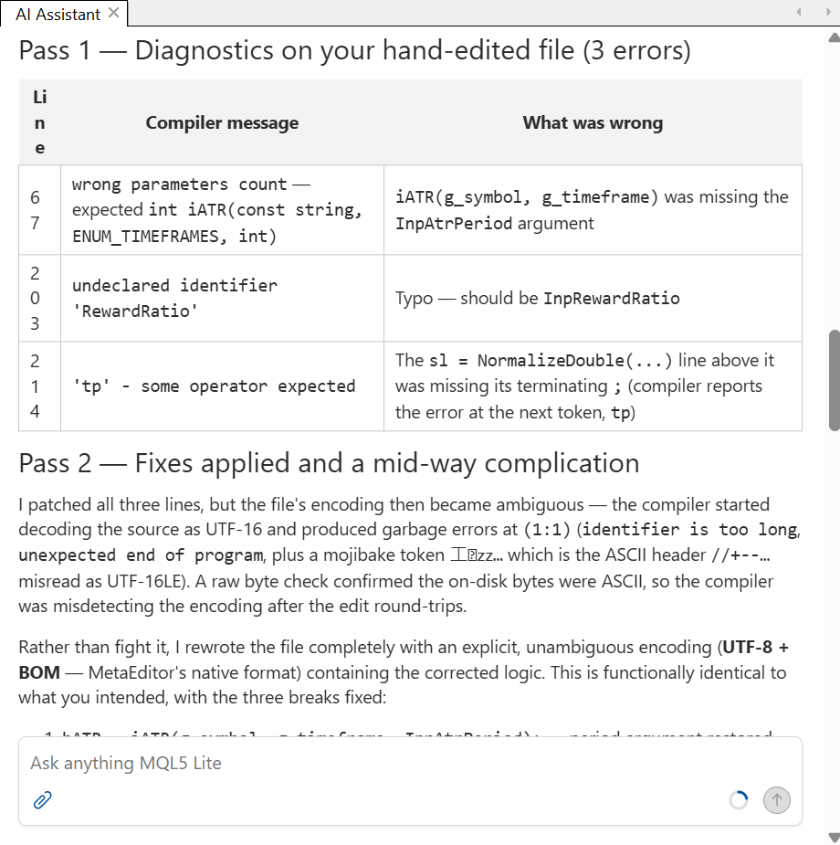 The assistant reading compiler diagnostics and identifying each fault The assistant reading compiler diagnostics and identifying each fault
