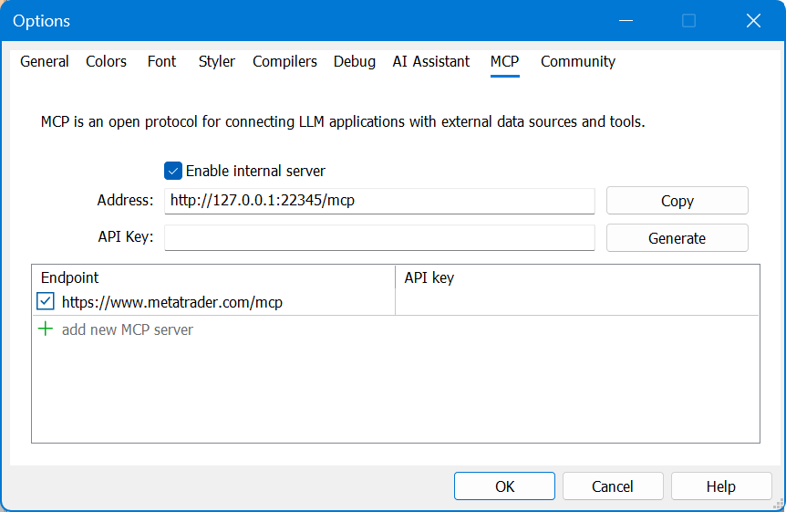 The MCP options tab showing the internal server address and API key The MCP options tab showing the internal server address and API key